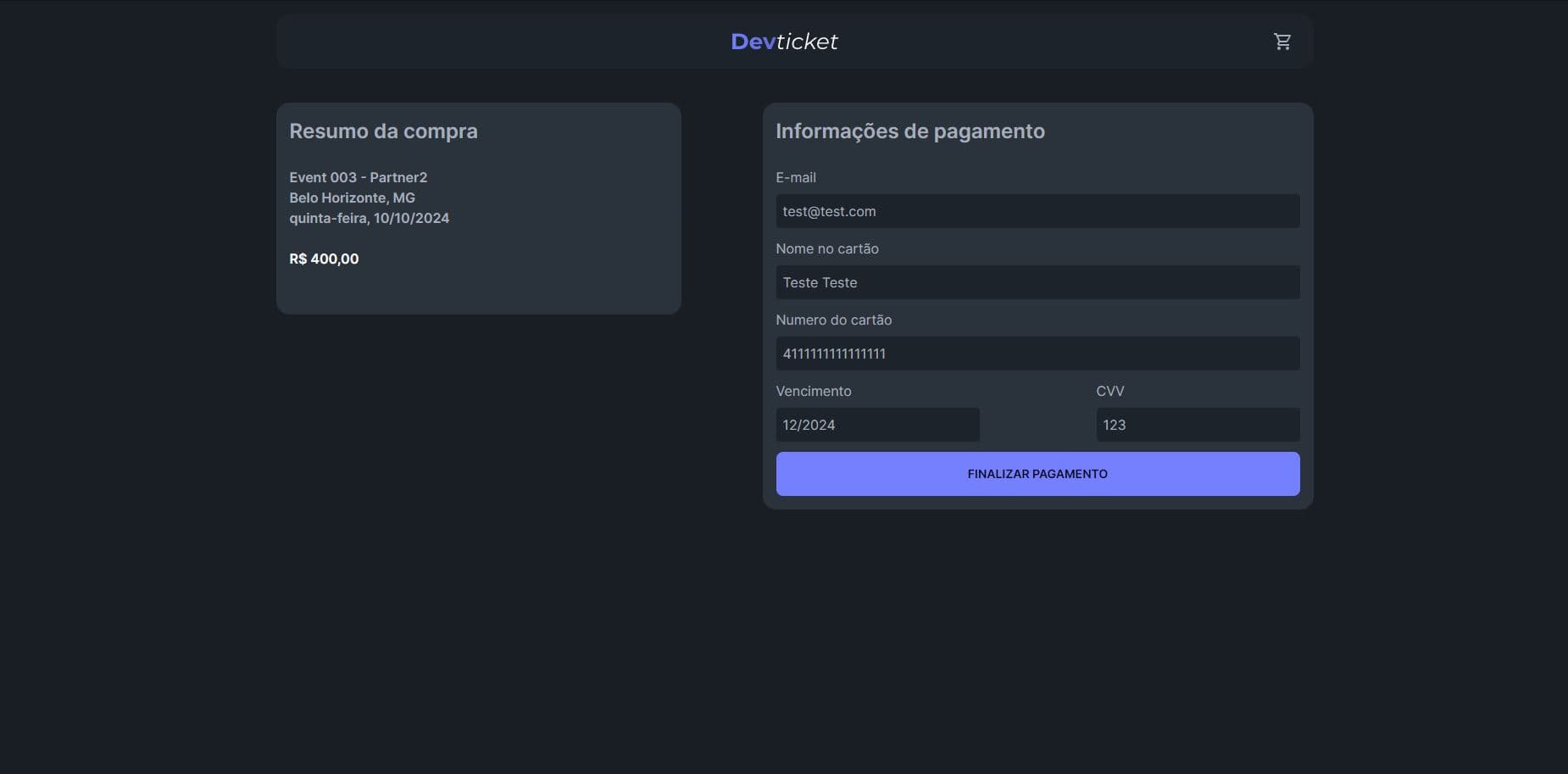 Imagem da sessão Resumo da Compra e Dados para Pagamento